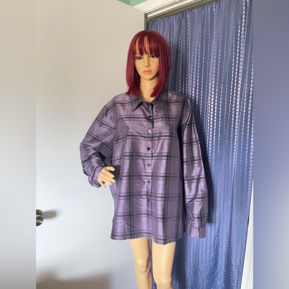 Coldwater Creek 100% Silk Button Front Purple Plaid Blouse 2XL Vintage
